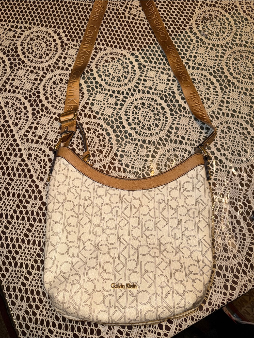 Calvin Klein Cream Monogram Shoulder Bag with Tan Trim and Logo Strap